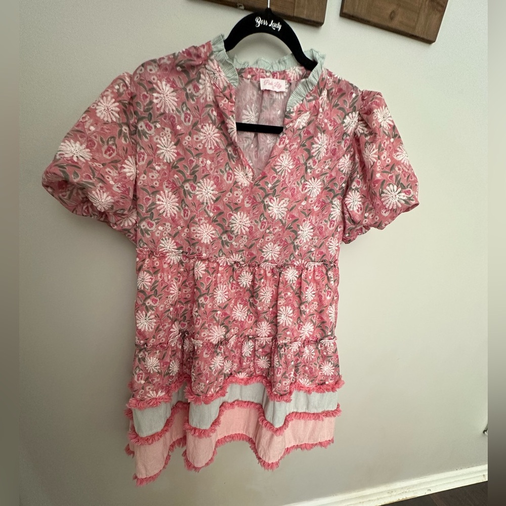 Pink Lily Floral Pink and Green Dress